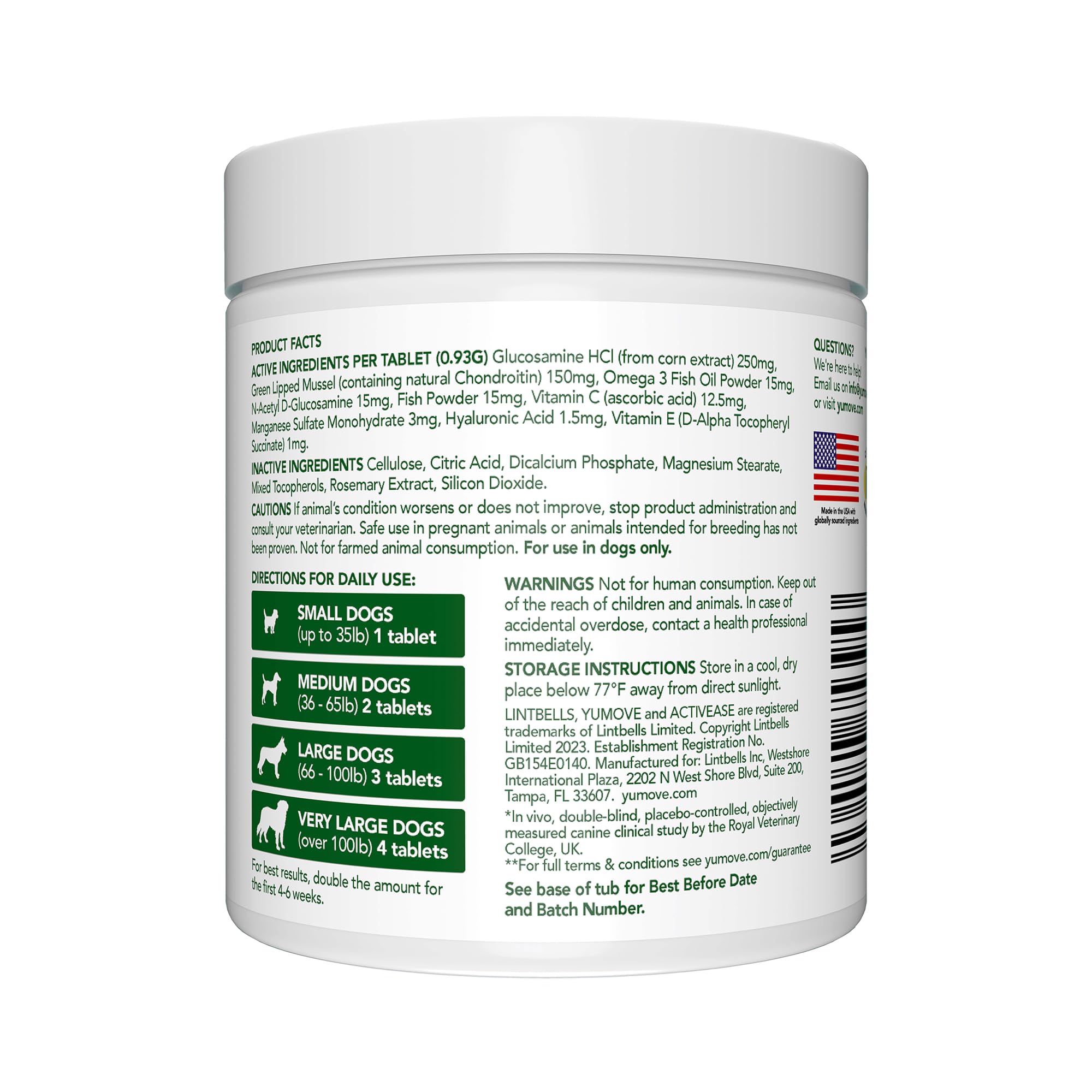 YuMOVE ActivEase green-lipped mussel ingredient highlights natural joint support.