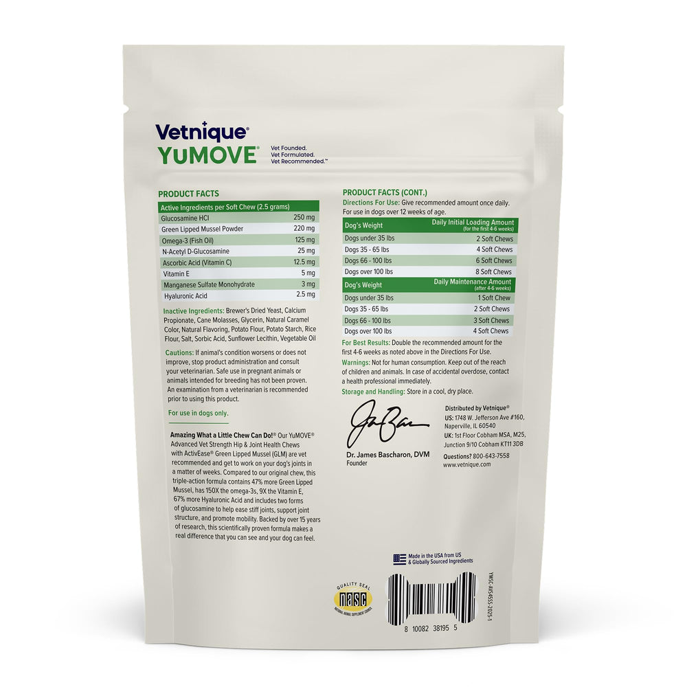 YuMOVE ActivEase GLM ingredients label highlights natural joint care for dogs