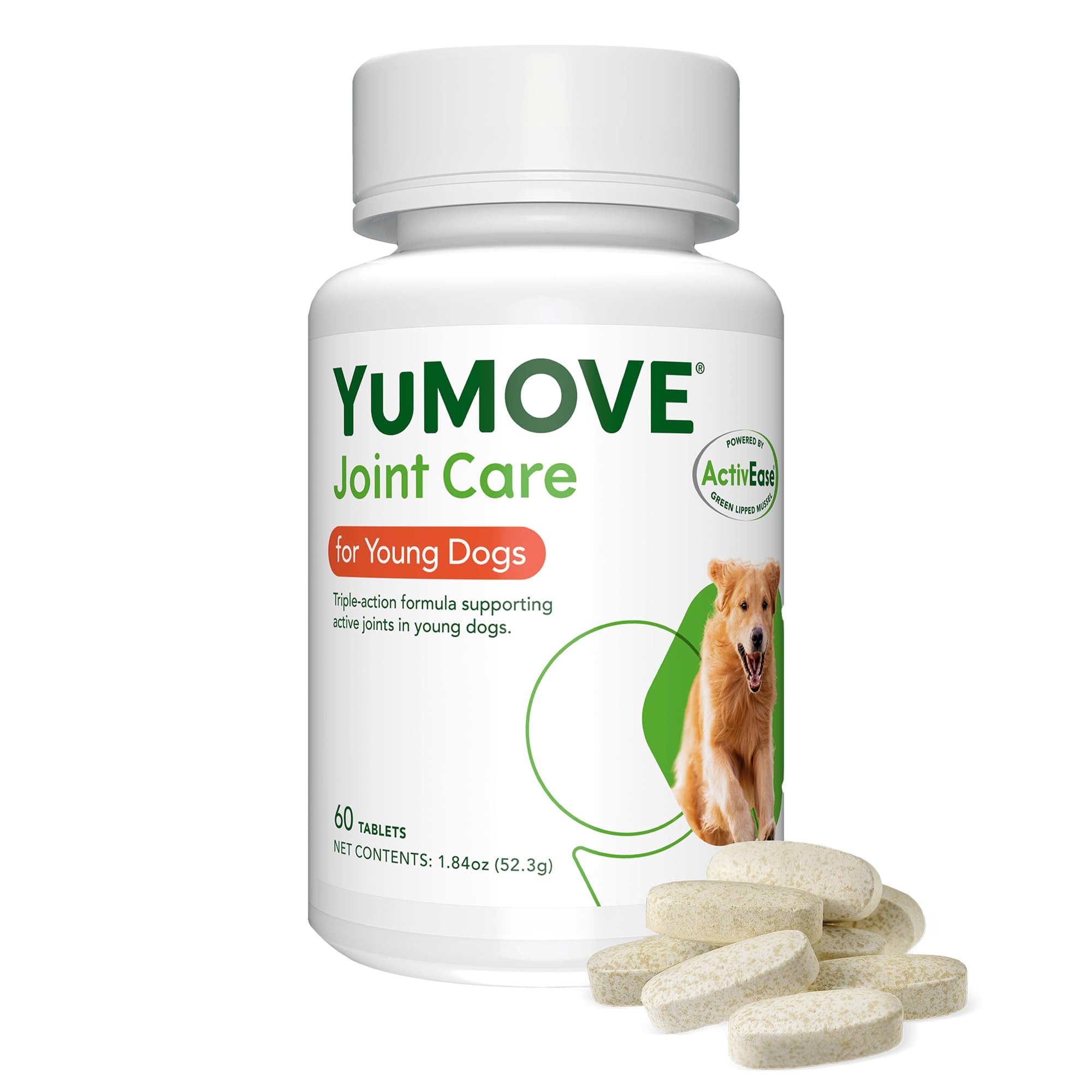 YuMOVE bottle-front with Young & Active Dog tablets for joint support on the go.