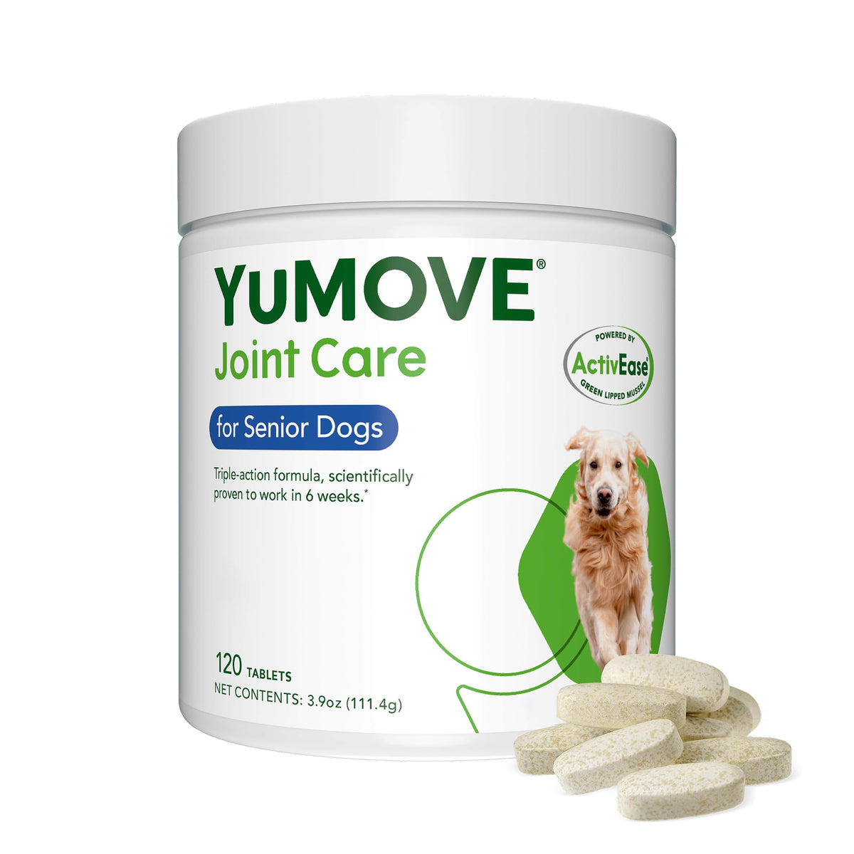YuMOVE dog hip joint chew bottle shows easy daily dosing for mobility support.