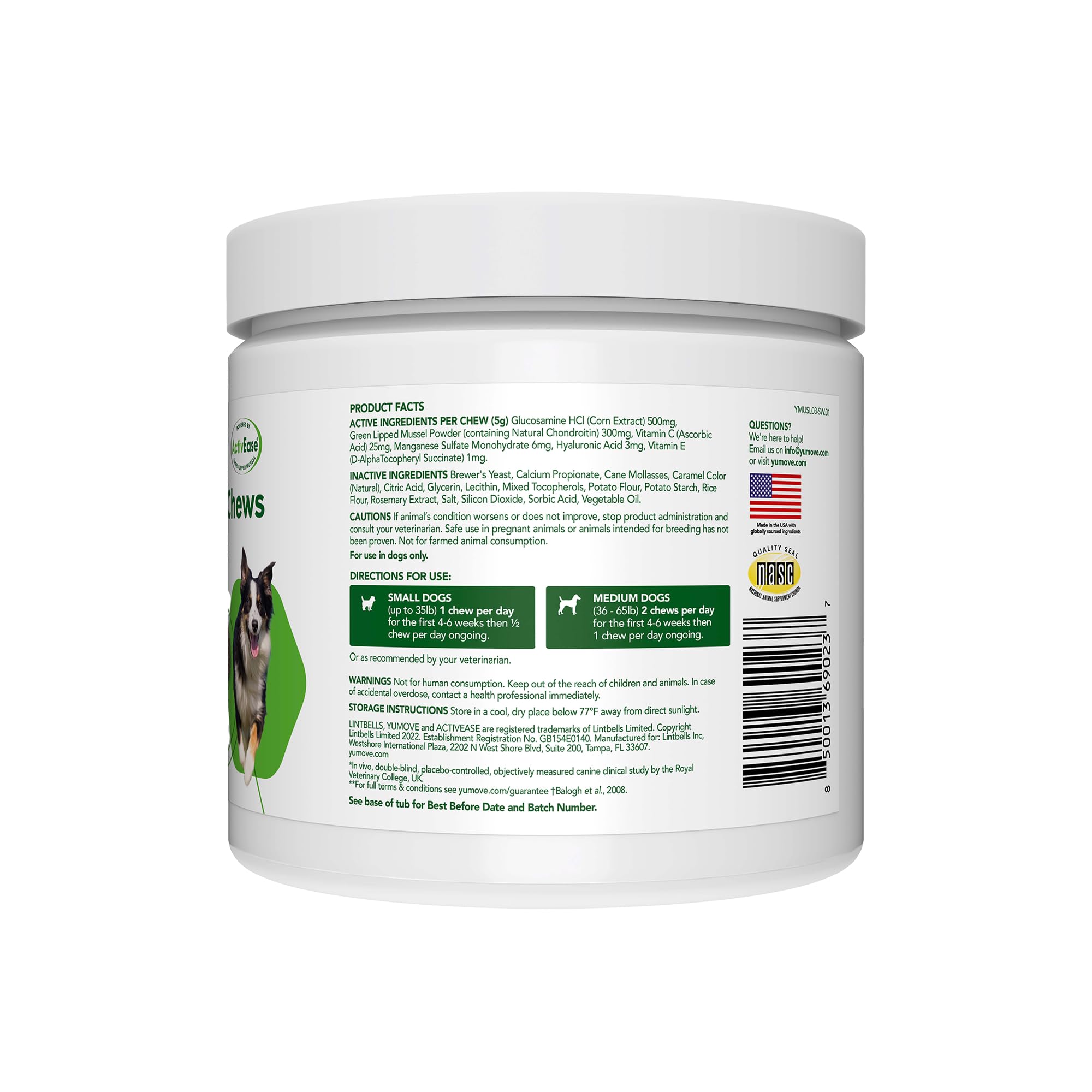 YuMOVE dog joint chews close-up showing glucosamine and green-lipped mussel ingredients for joints