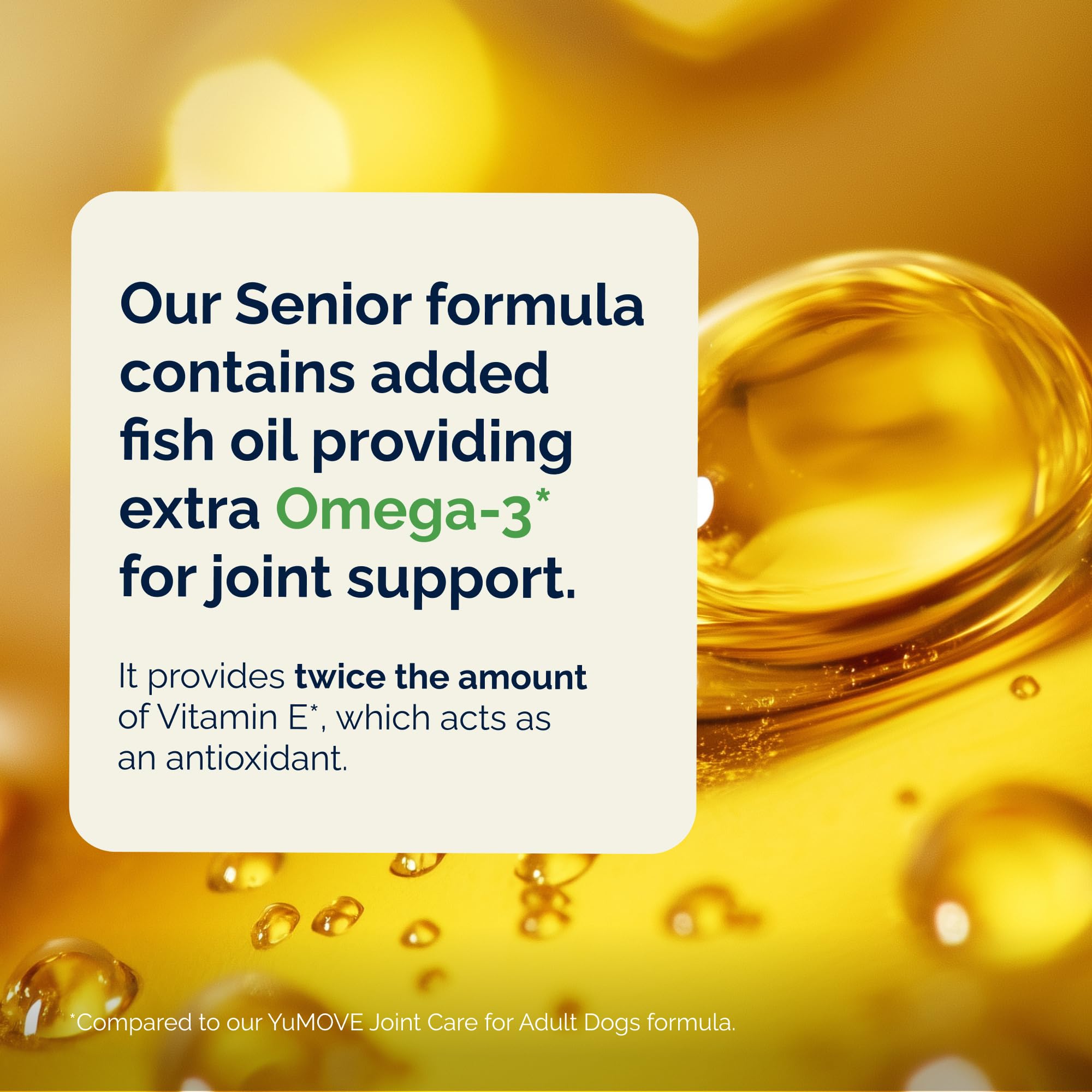 YuMOVE senior dog tablets displayed as easy daily chews for aging joints.