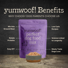 Yumwoof Perfect Dog Food Mix baking scene showing easy prep