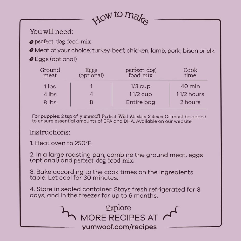 Yumwoof Perfect Dog Food Mix ingredients close-up highlighting coconut flour and pumpkin
