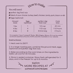Yumwoof Perfect Dog Food Mix ingredients close-up highlighting coconut flour and pumpkin