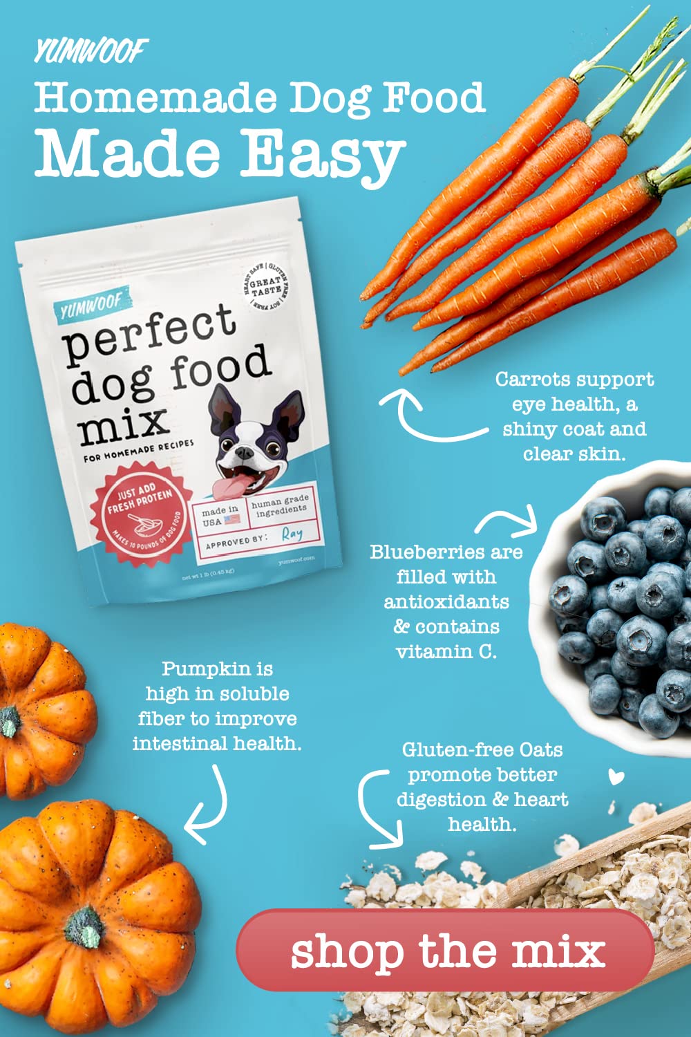 Yumwoof Perfect Dog Food Mix low-carb packaging emphasizes simple, home-made feeding