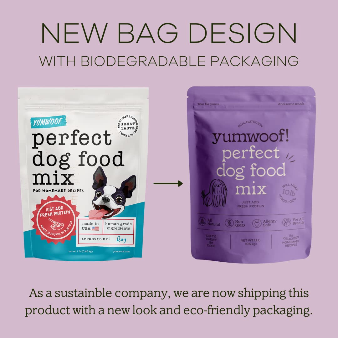 Yumwoof Perfect Dog Food Mix label highlights protein variety including turkey and beef