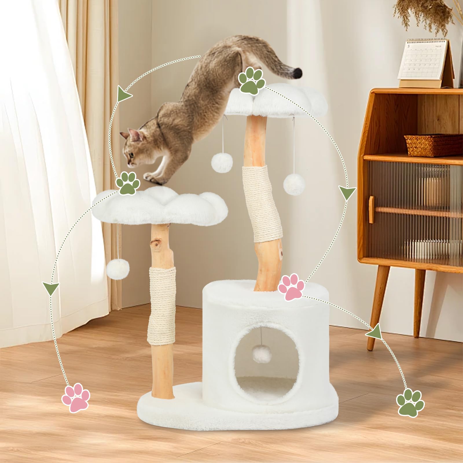 Yungaspy alpine-white base anchors stability for calm indoor cats.