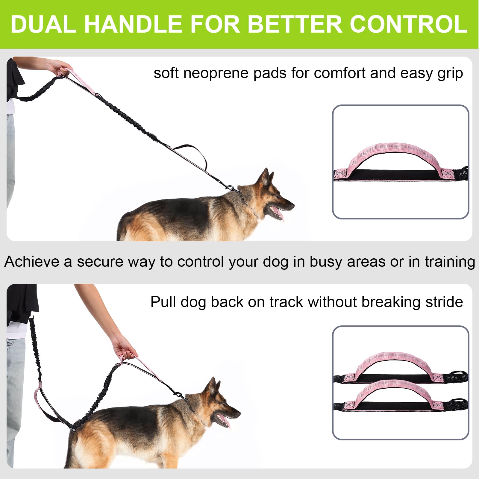 Yungaspy anti-tangle 360-swivel pink leash prevents tangles during runs.