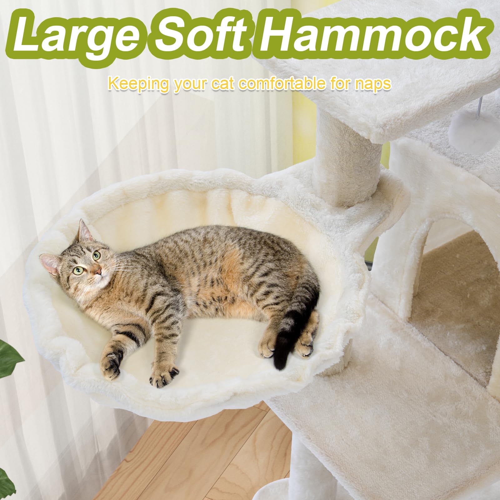 Yungaspy cat-tree dangling balls invite interactive play and batting fun.
