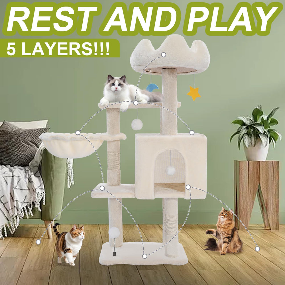 Yungaspy cat-tree middle hammock offers mid-height lounging for relaxed naps.