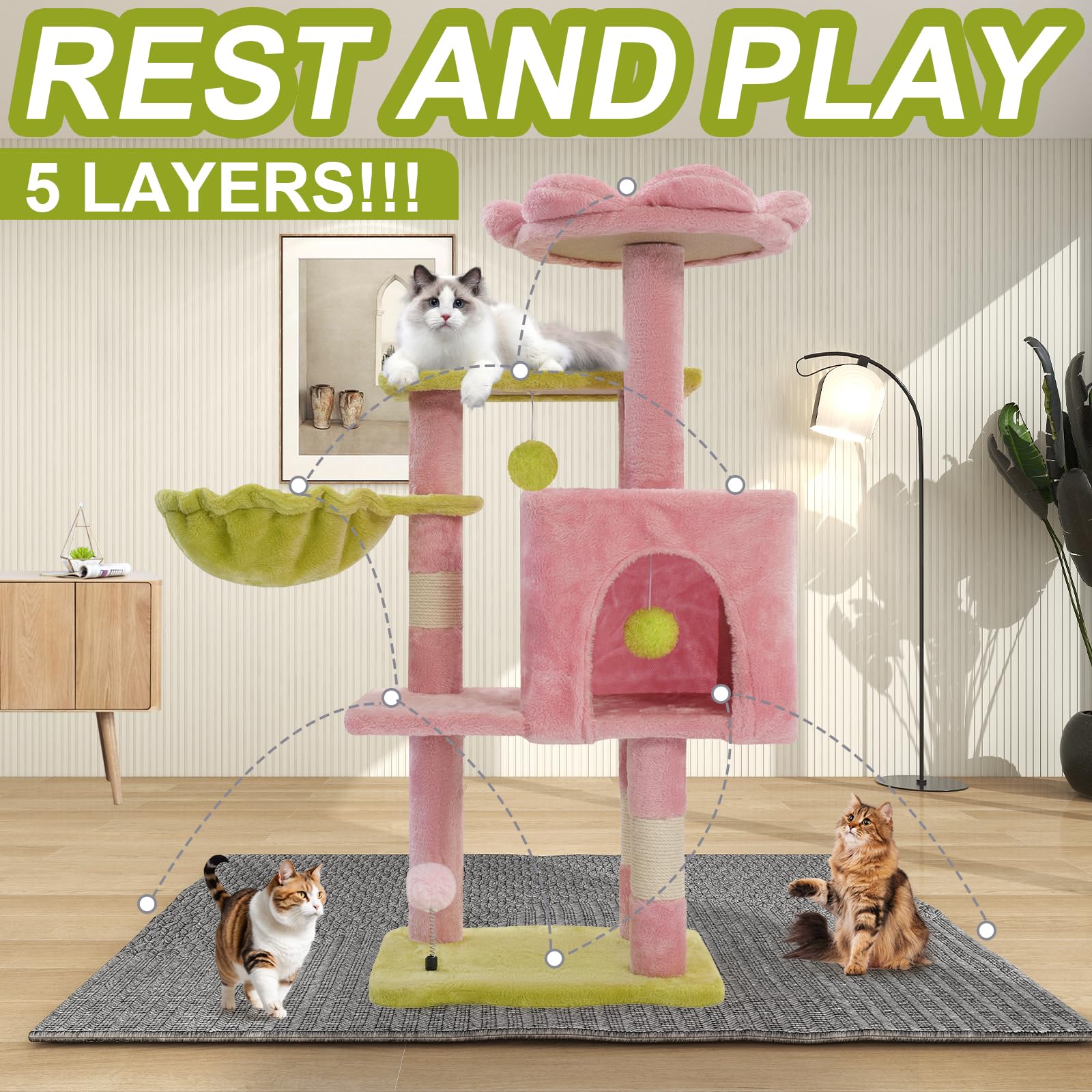Yungaspy cat tree features five-layer play space for climbing and exploration.