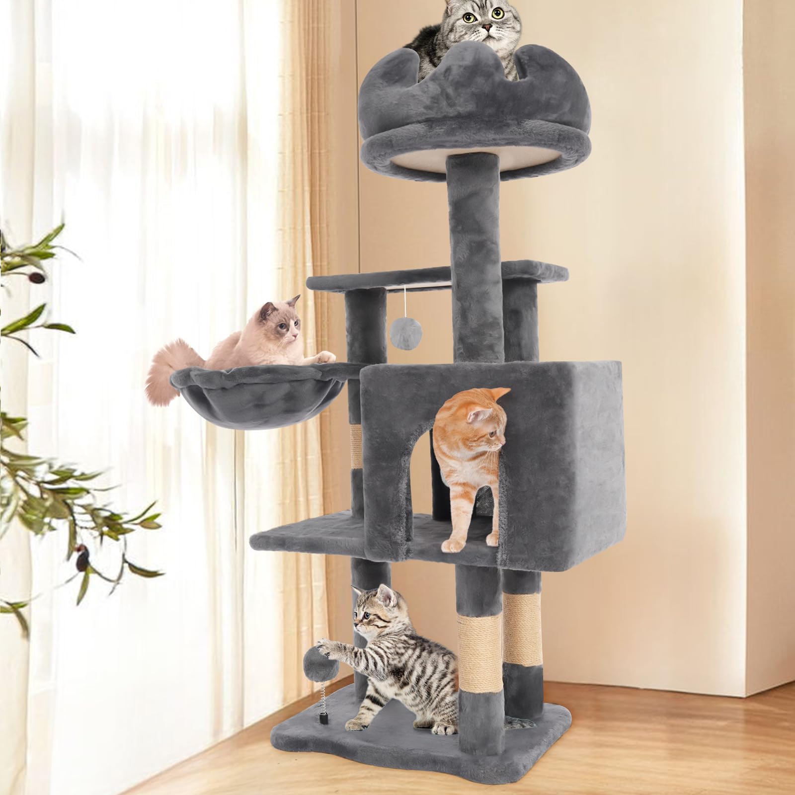 Yungaspy dangling balls on cat tree stimulate interactive play