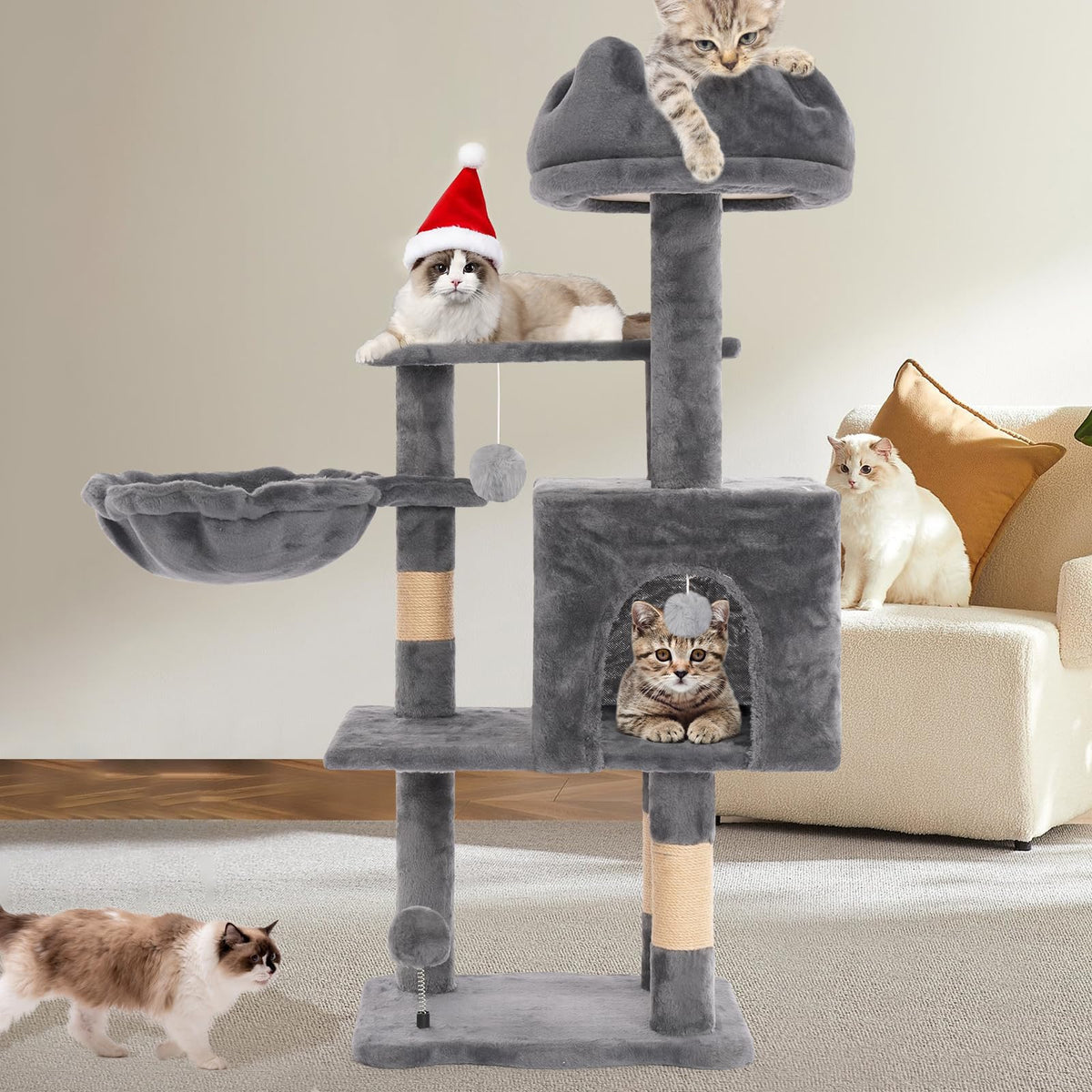 Yungaspy cat tree tower with metal frame and hammock offering secure vertical play