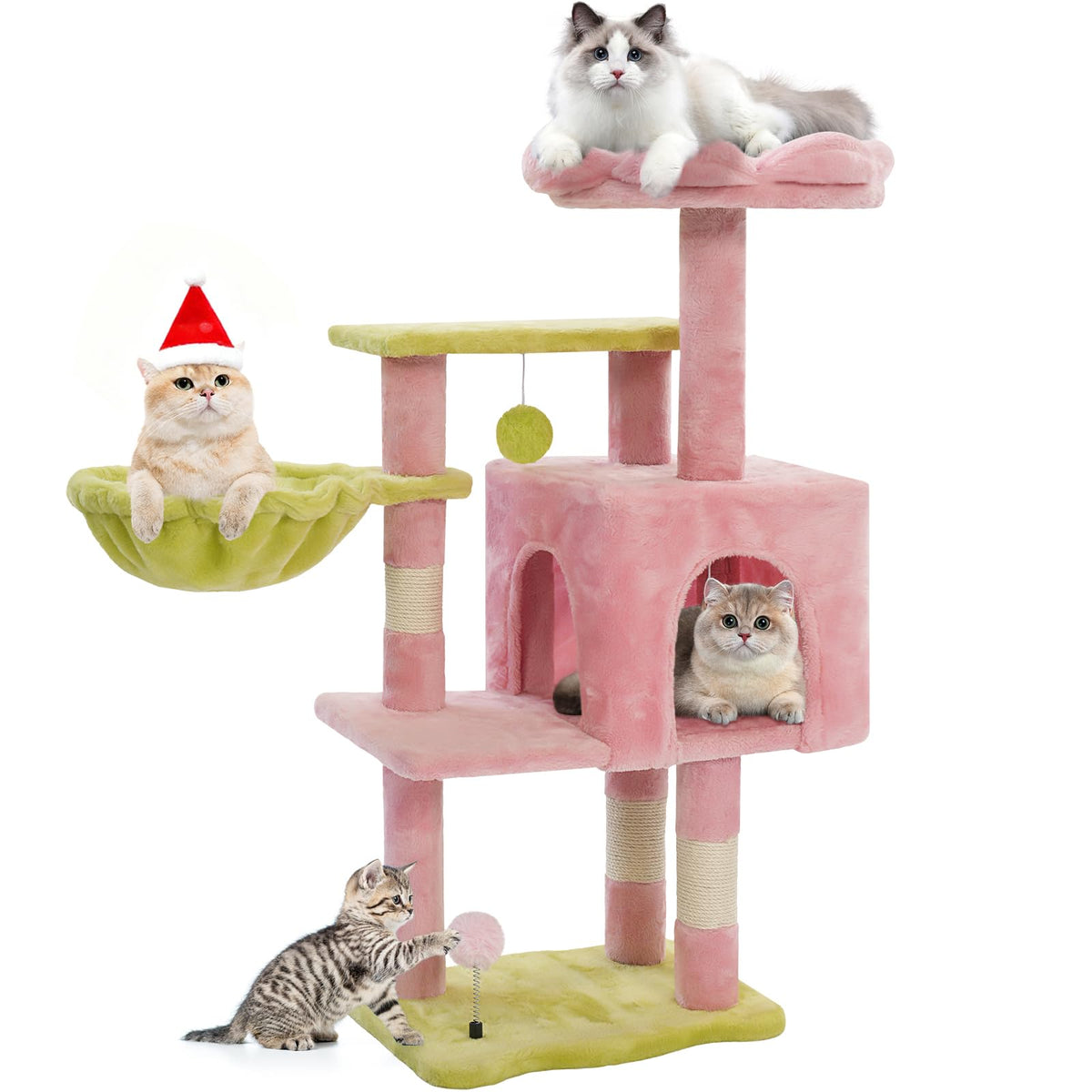 Yungaspy cat tree tower with metal frame hammock top perch enhances stable lounging.