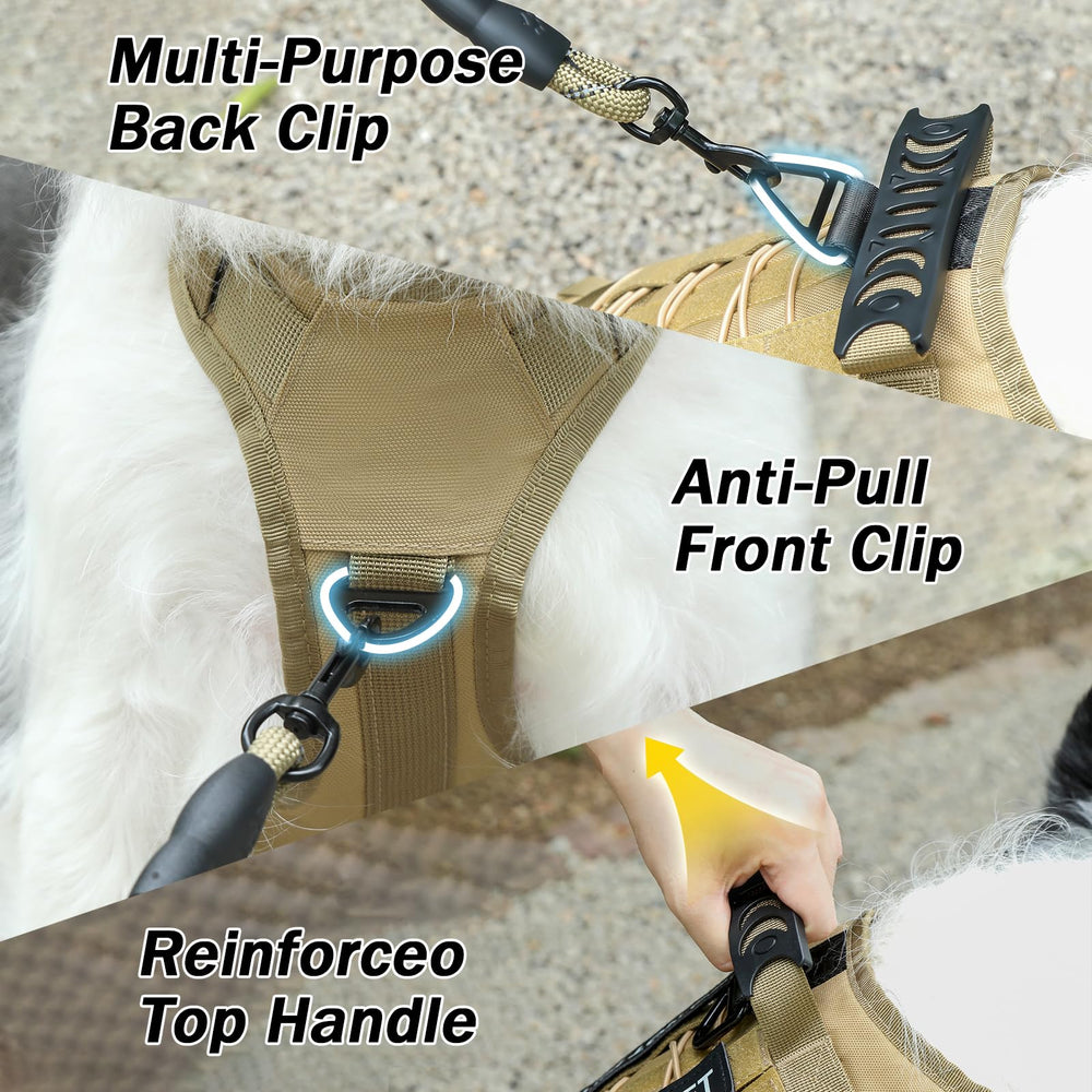 Yungaspy No Pull Tactical Harness shows sturdy top handle for vehicle entry and quick control.