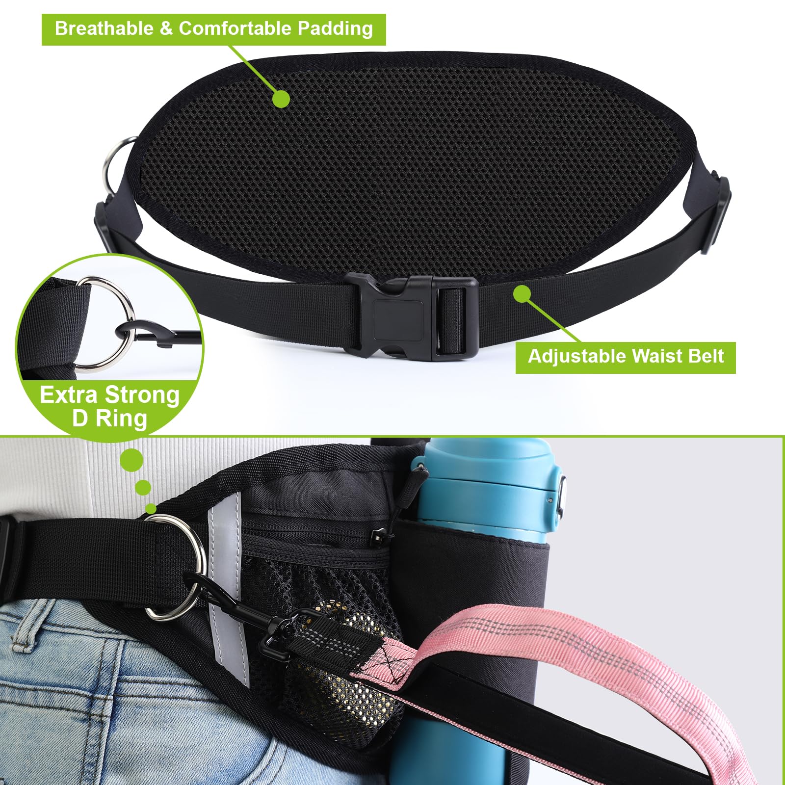 Yungaspy waist-pack-ready pink leash offers storage for snacks, water, and keys.
