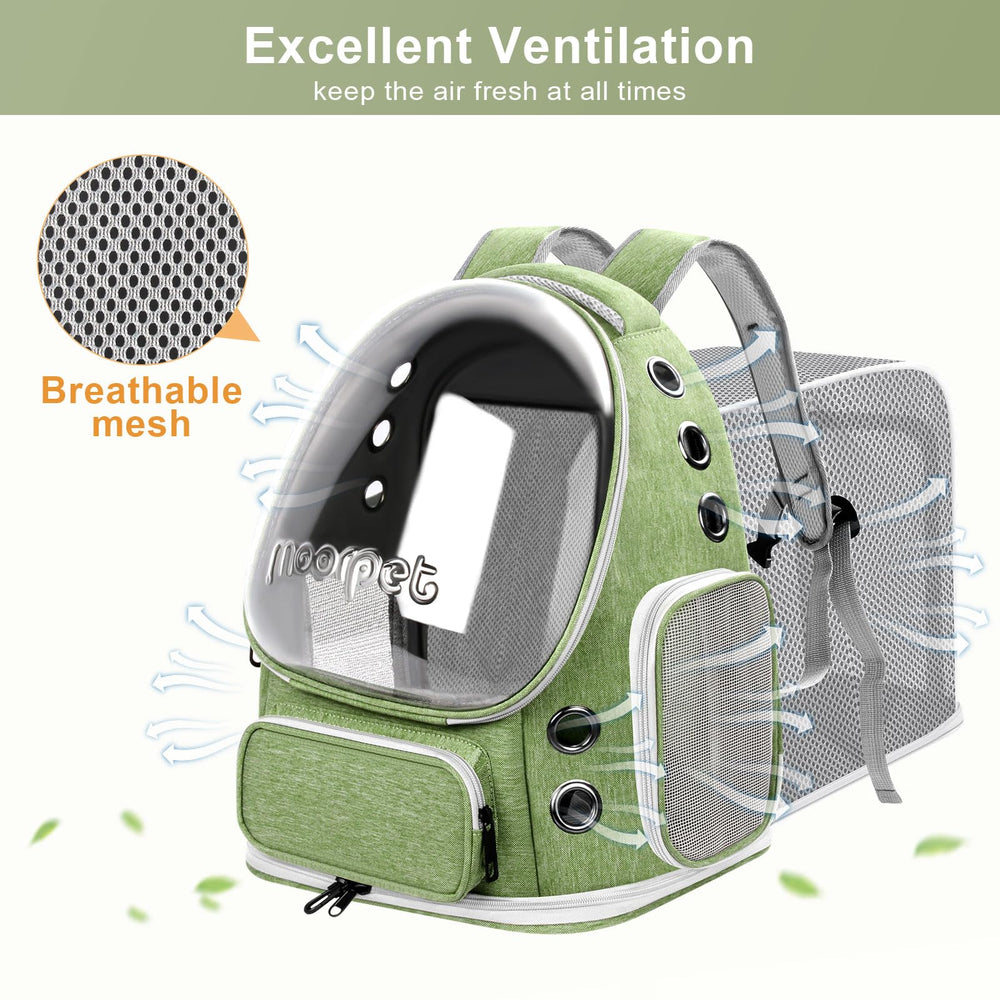 YUNLINLI airline-approved cat backpack green suitable for flights and up to 20 lbs.