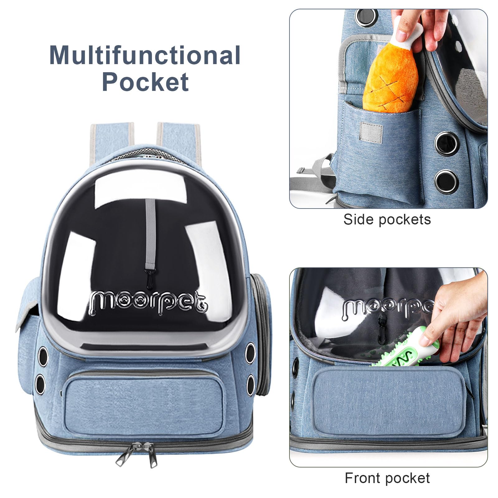 YUNLINLI cat backpack shows side-pocket storage for toys and snacks.