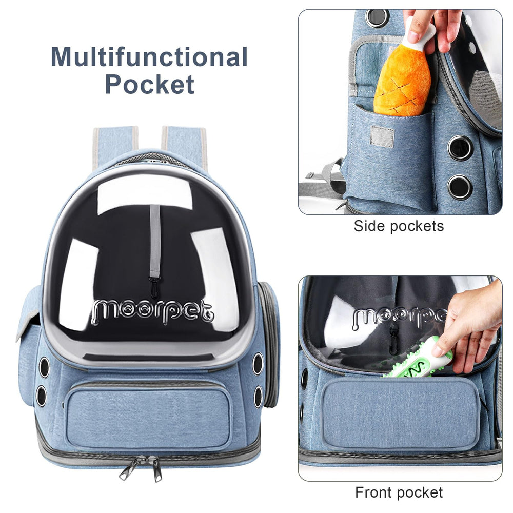 YUNLINLI cat backpack shows side-pocket storage for toys and snacks.