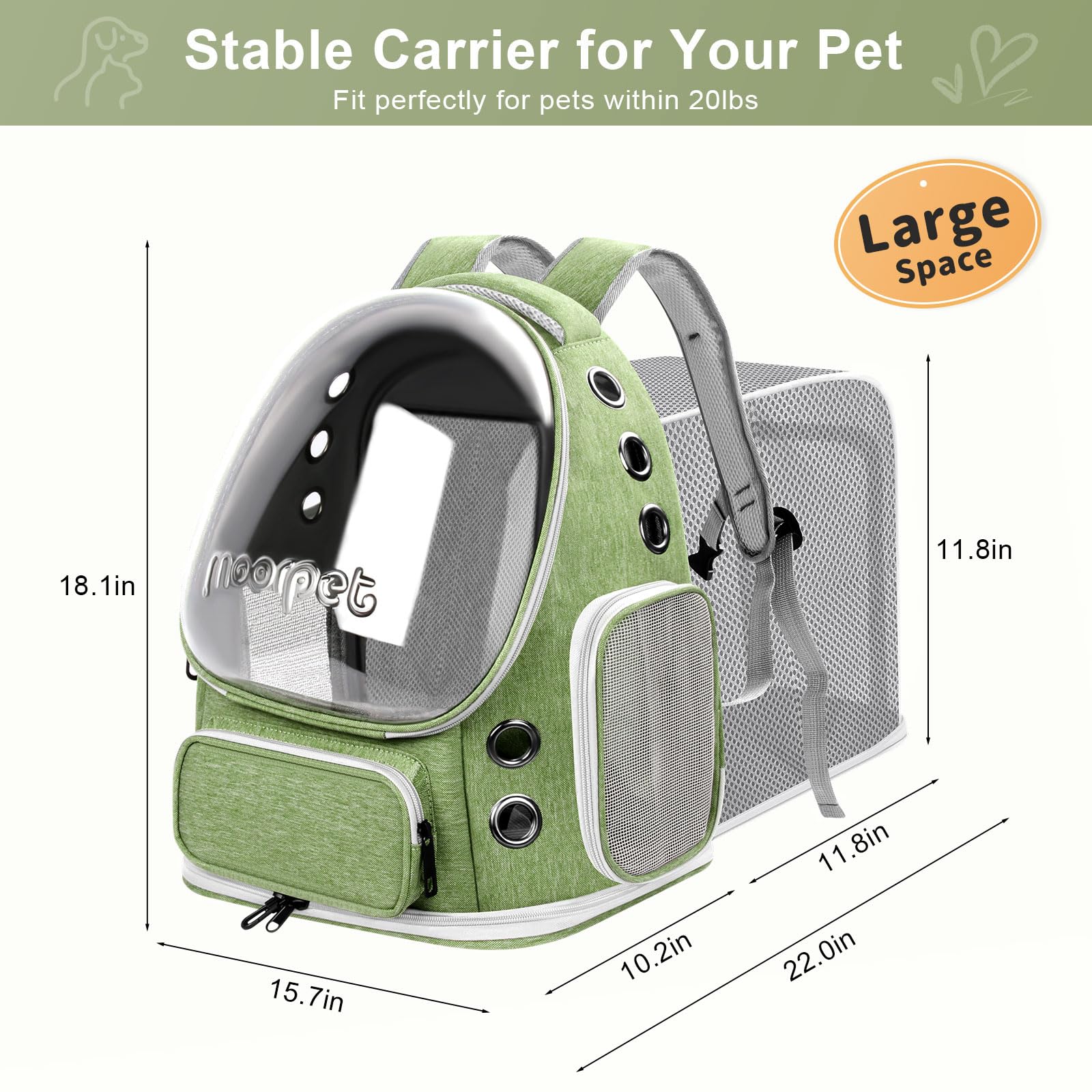 YUNLINLI expandable pet carrier showing extra space for comfortable travel up to 22 inches.