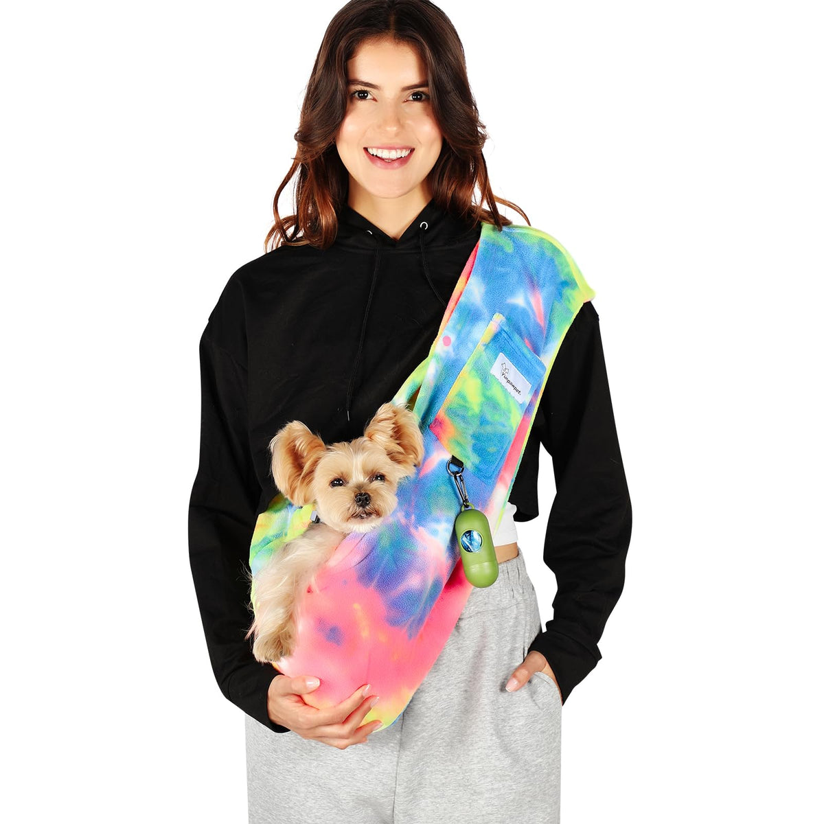 Yunpawpet dog sling front pocket demonstrates convenient storage for treats during outdoor adventures