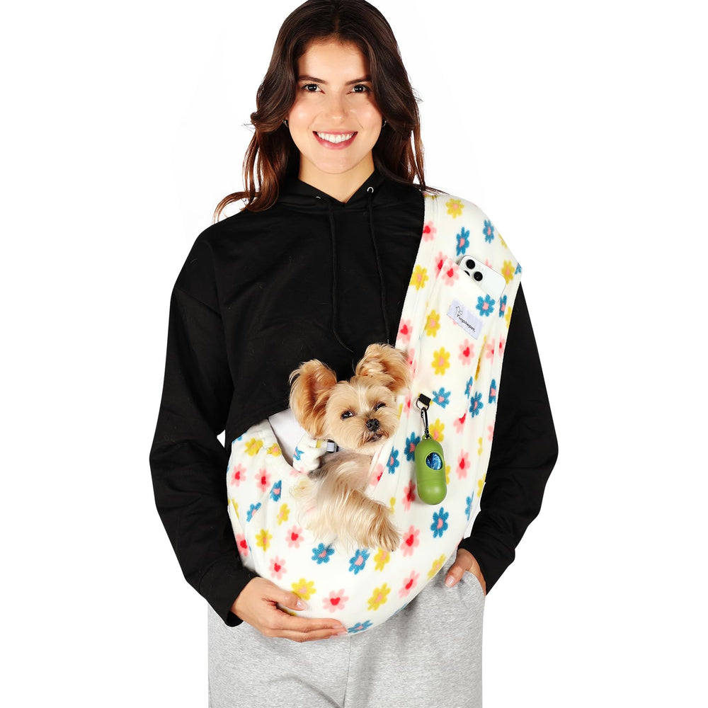 Yunpawpet dog sling medium daisy front view for hands-free pet transport and comfort