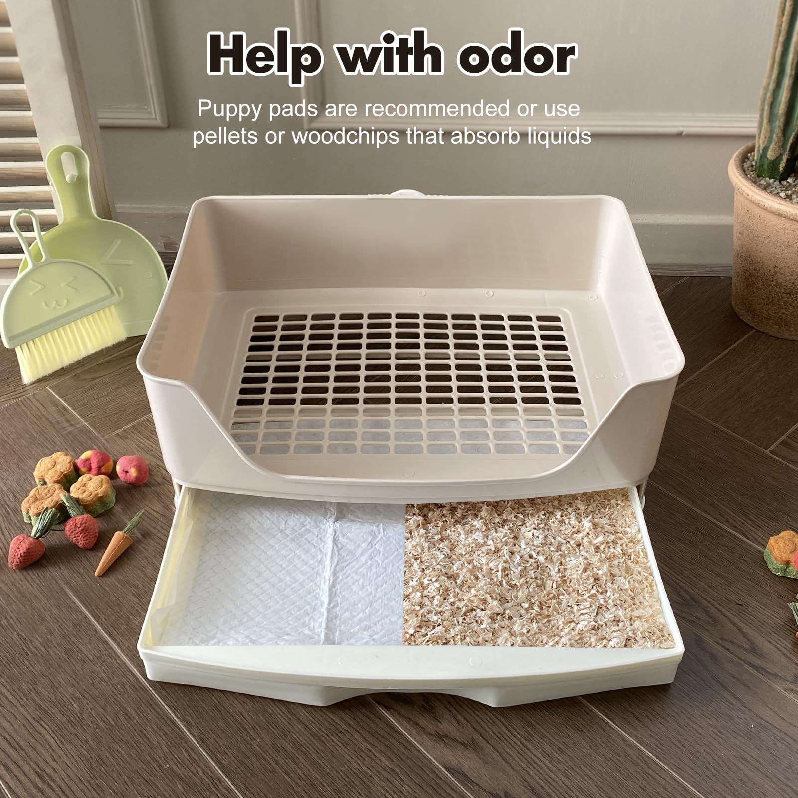 Yuoaes rabbit litter box secure-drawer-locked demonstrates stable setup between cage bars.