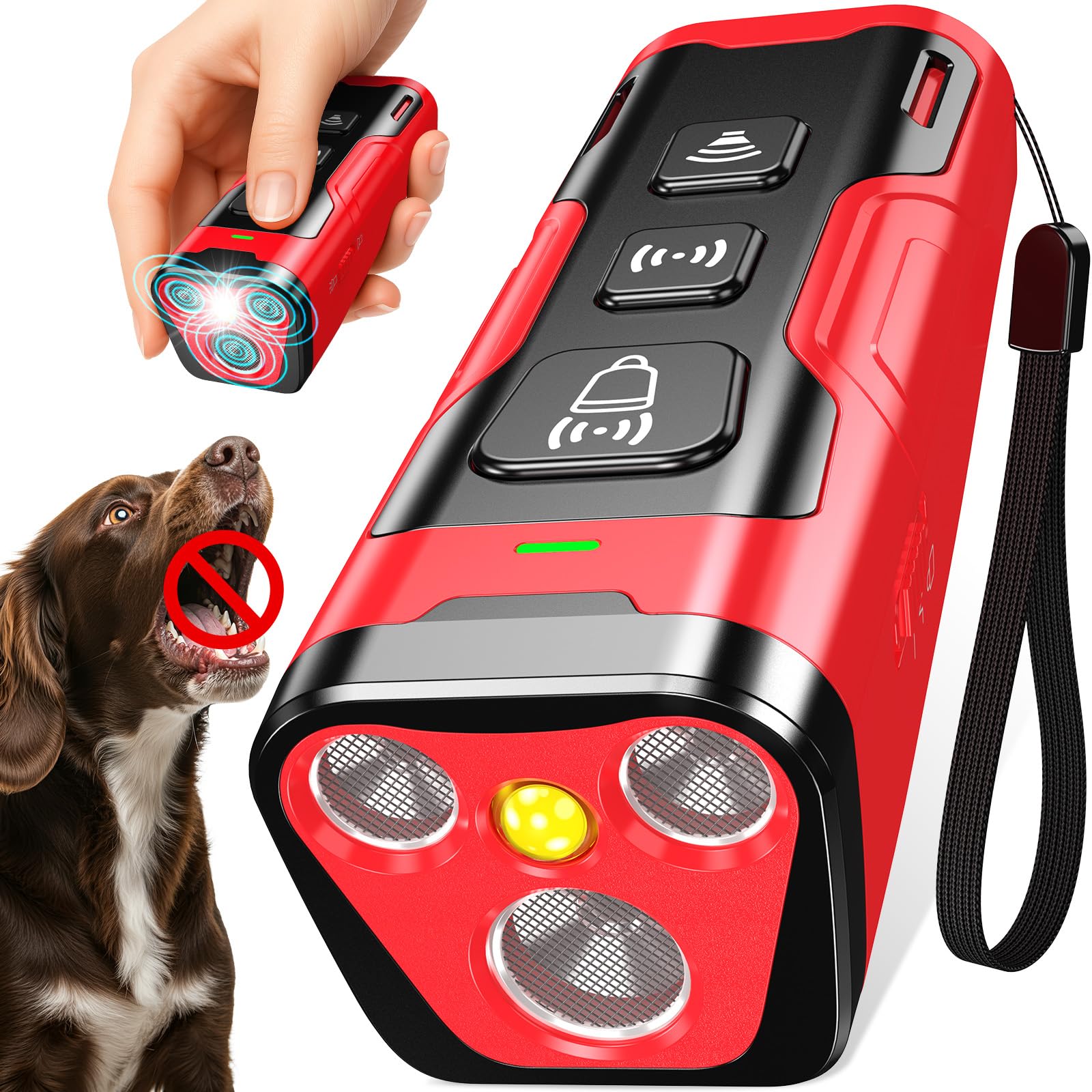 YUYQA dog bark deterrent shows 3x ultrasonic emitters for broader coverage during outdoor training
