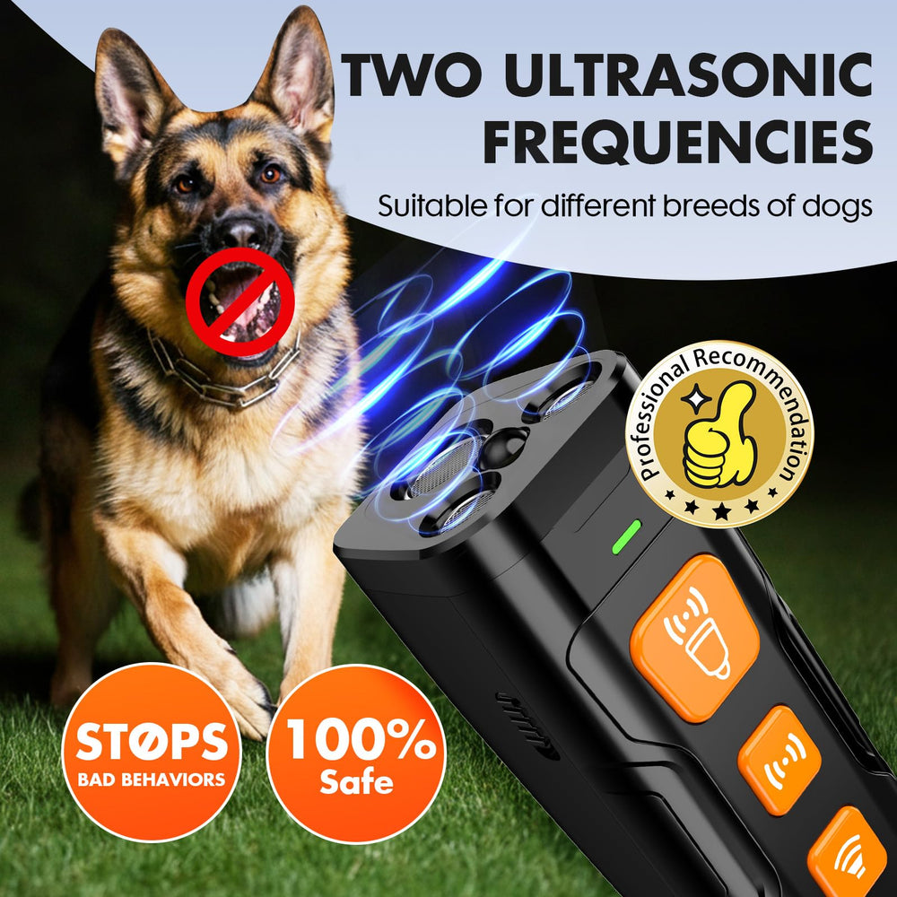 YUYQA dog bark deterrent device night shot emphasizes safety features like LED light.