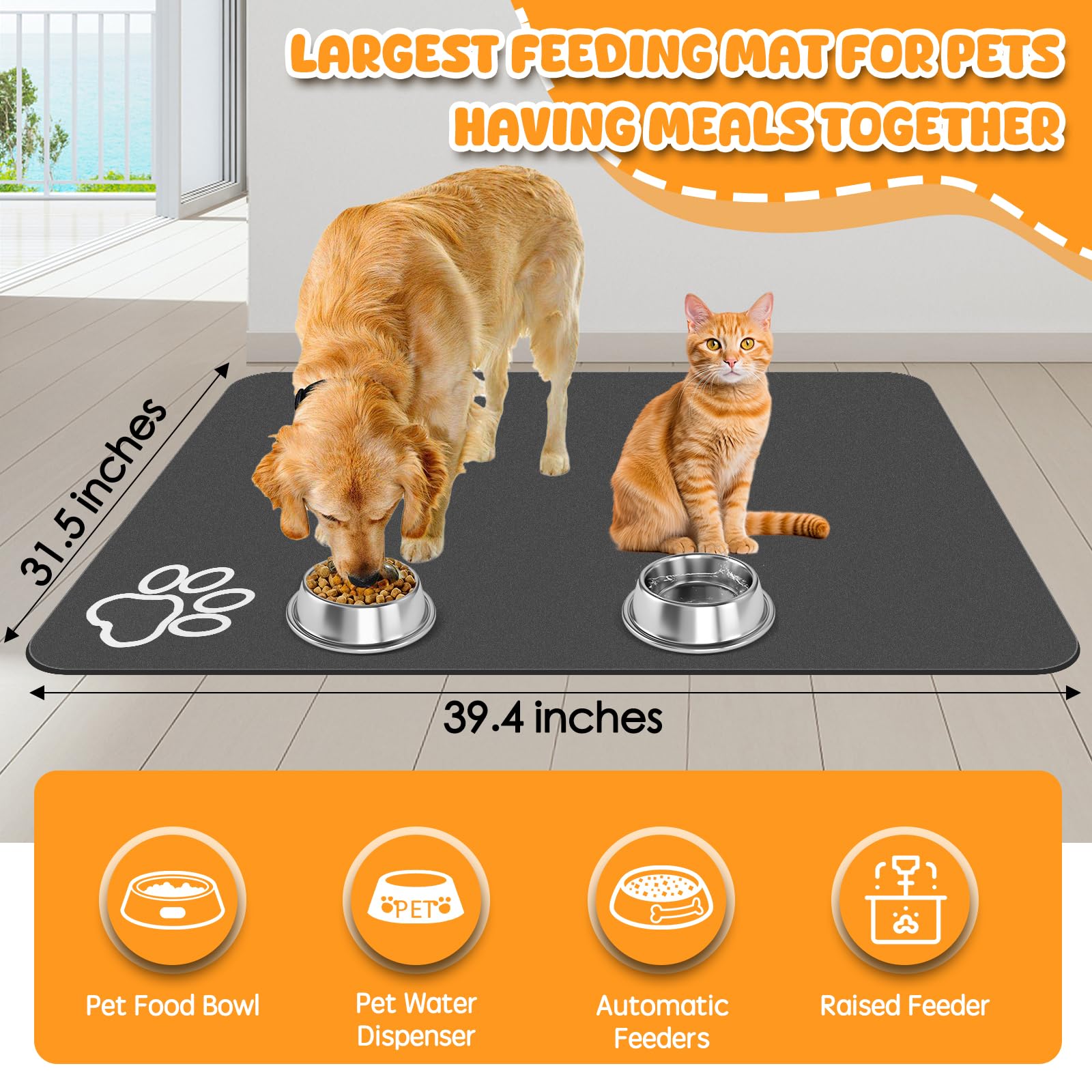 Yuzshin pet footprint mat shows anti-slip backing for steadier meals.