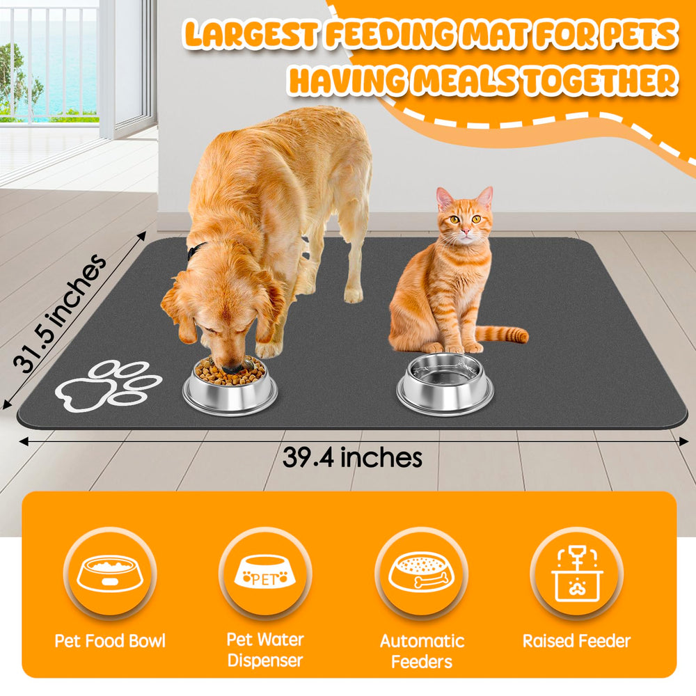 Yuzshin pet footprint mat shows anti-slip backing for steadier meals.