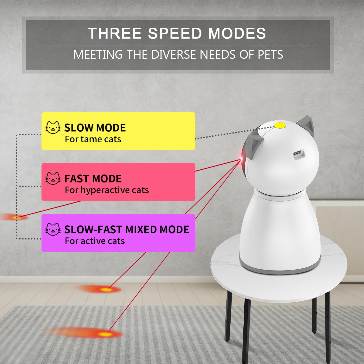 YVE LIFE Laser Toy runs on a silent motor for peaceful homes