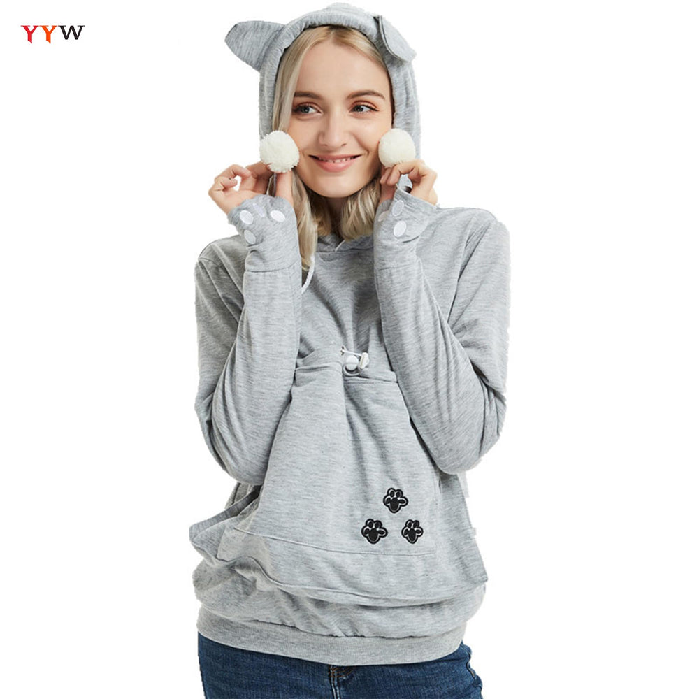 YYW Brand Pet Hoodie model wearing during walk demonstrates hands-free companionship.