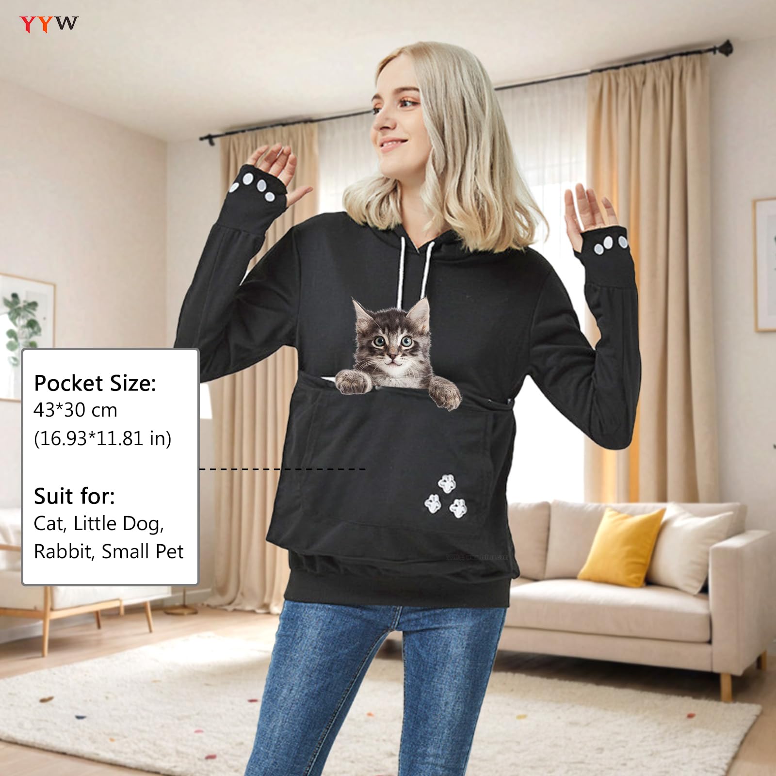 YYW Creative design hoodie front pocket emphasizes pet carry and fashion-friendly look.