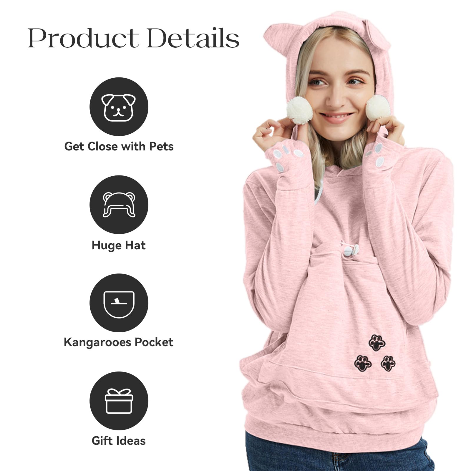 YYW pink hoodie pet pouch usage image highlighting built-in carrier for small dogs or cats