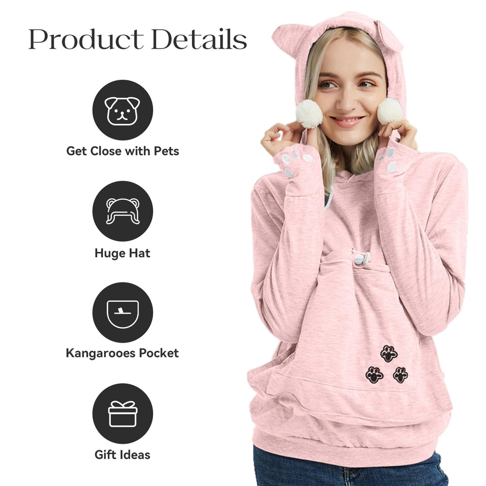 YYW pink hoodie pet pouch usage image highlighting built-in carrier for small dogs or cats
