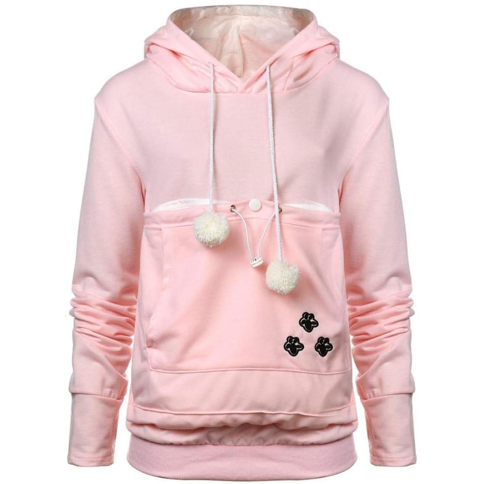 YYW pet hoodie pink front view showing cozy layer and built-in pet pouch for hands-free outings