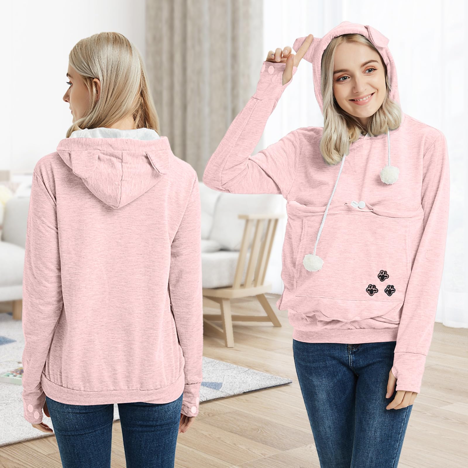 YYW pink hoodie model wearing with pet in pouch for comfortable interaction
