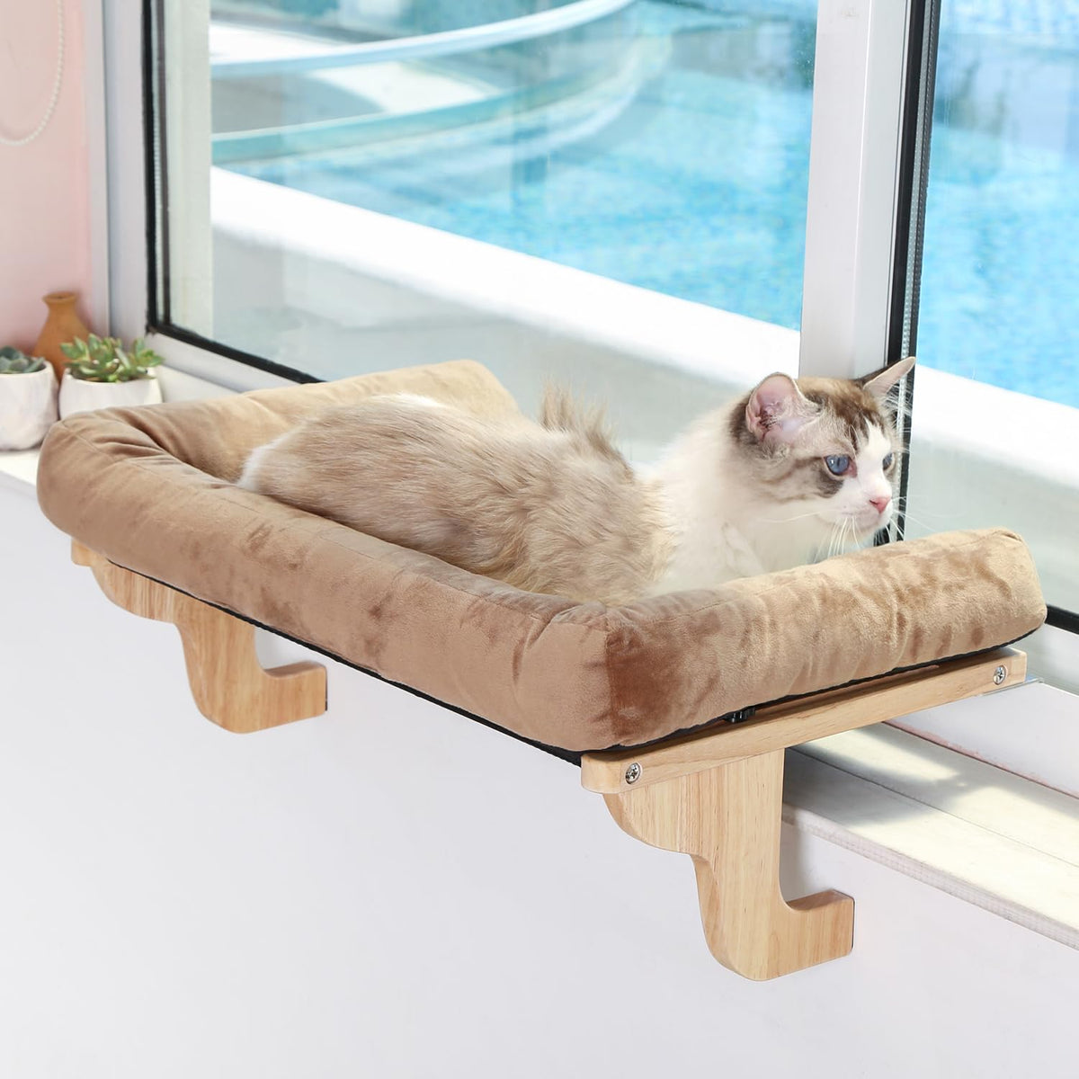 Zakkart cat window perch angled view with sturdy hardwood for large cats