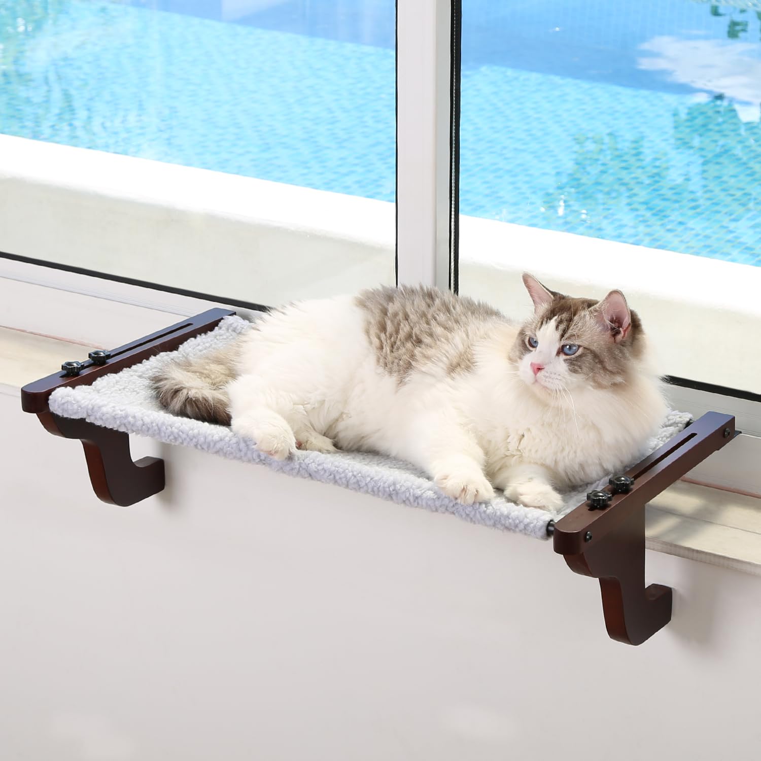 Zakkart Easy Seat window perch assembly shows sturdy pine frame for safe lounging.