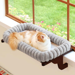 Zakkart SnugCloud window perch front view shows a sturdy hardwood frame for cozy sunlit naps.