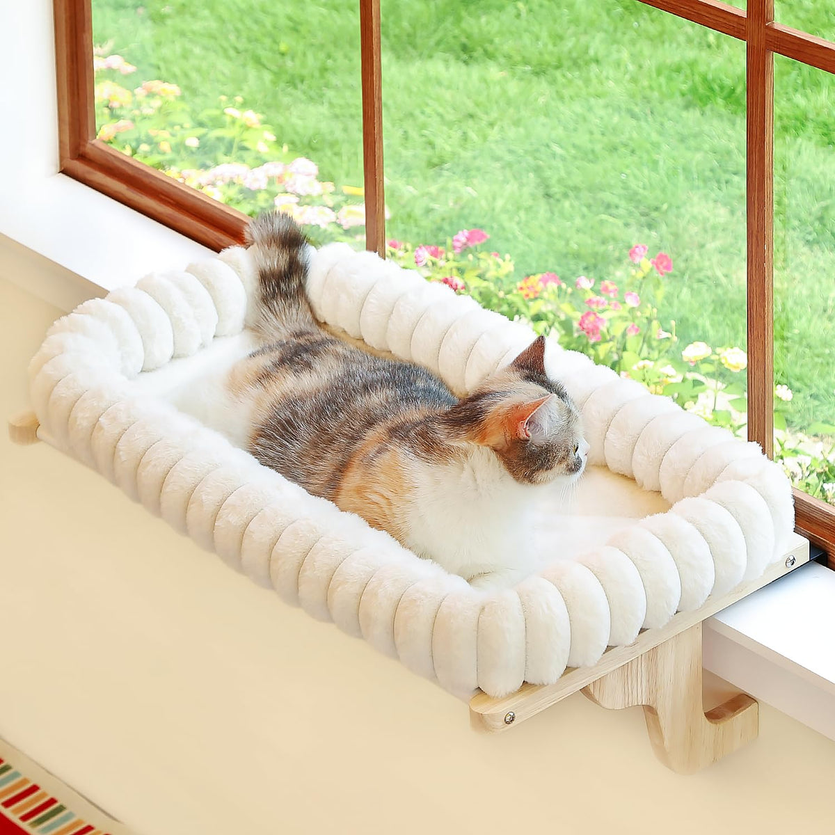 Zakkart SnugCloud window perch with wood frame enables secure sunlit lounging for cats.