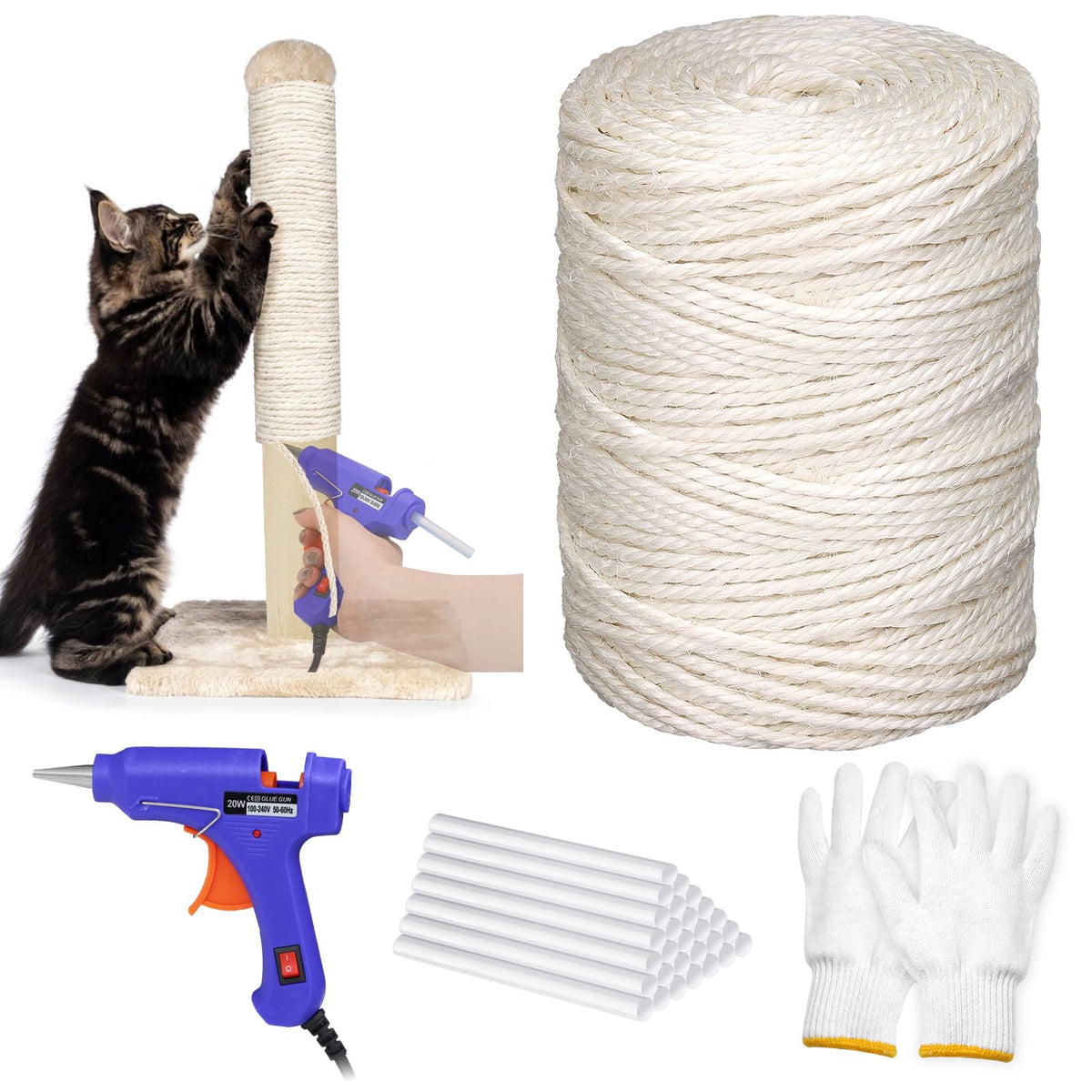 ZALALOVA sisal rope kit with 328ft natural rope for durable cat scratch projects.
