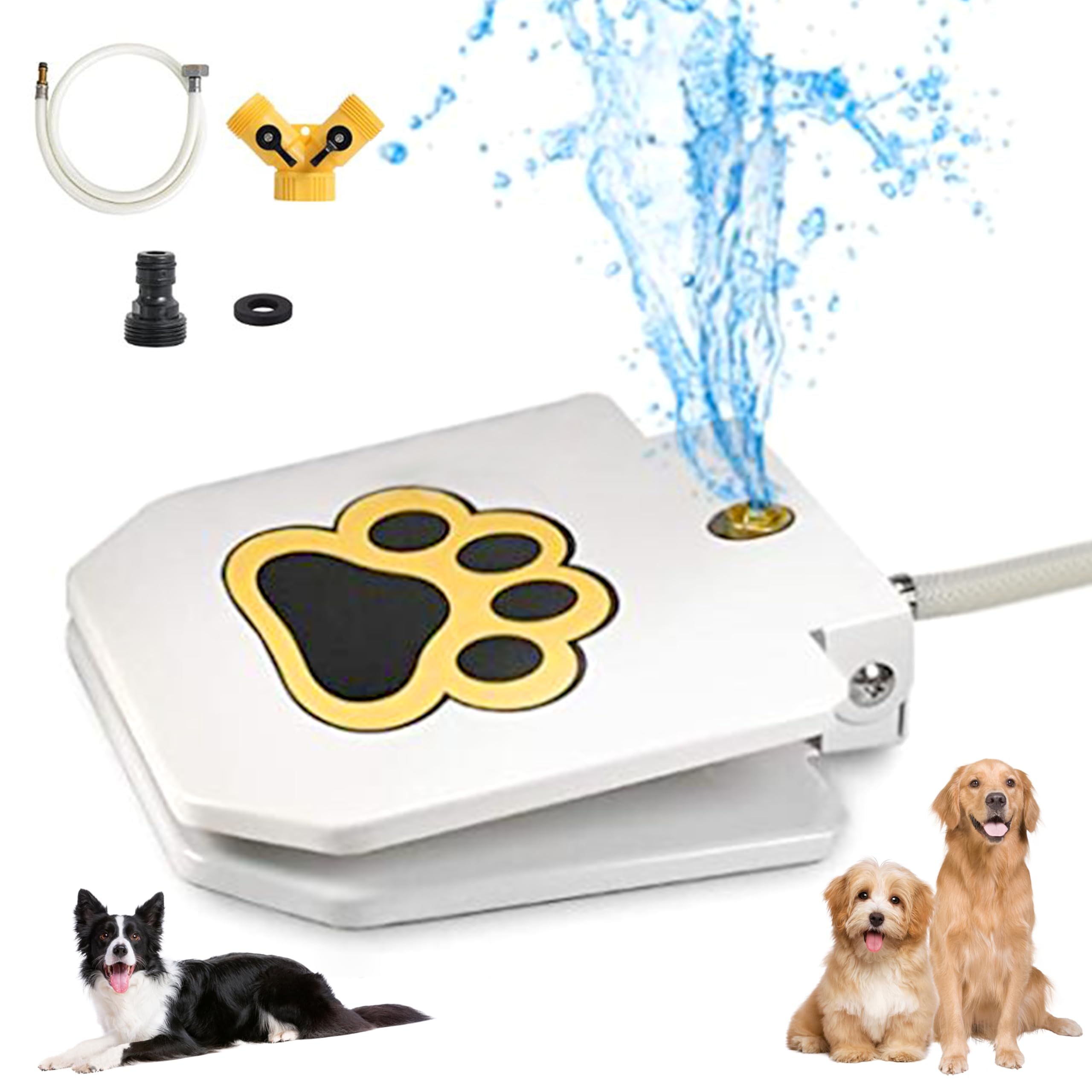 ZALBYUY dog water fountain outdoors with brass spout providing on-demand water.
