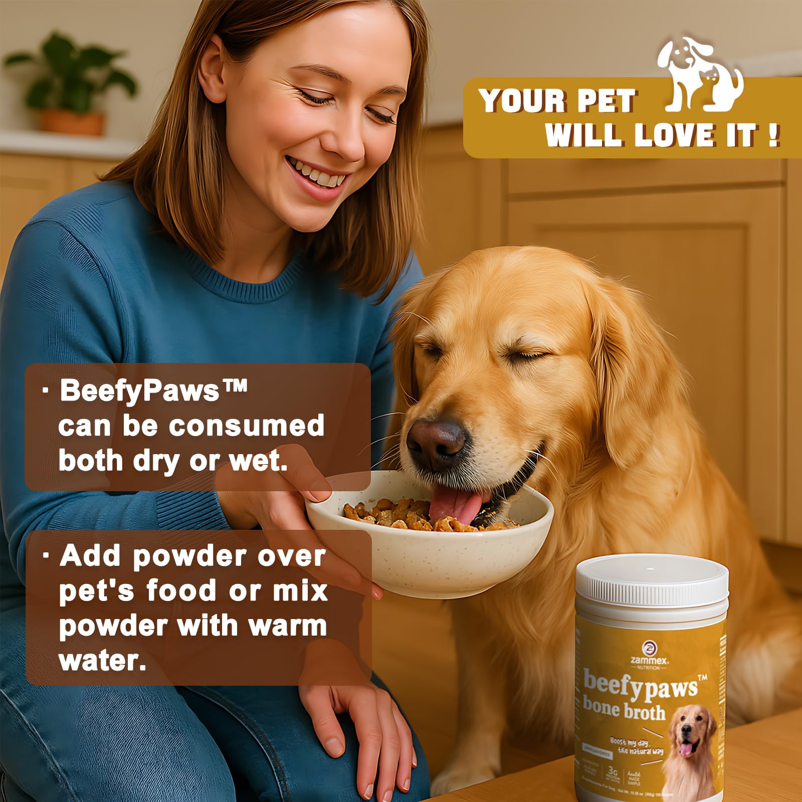 Powder sprinkled on kibble enhances flavor and joint-friendly supplement.