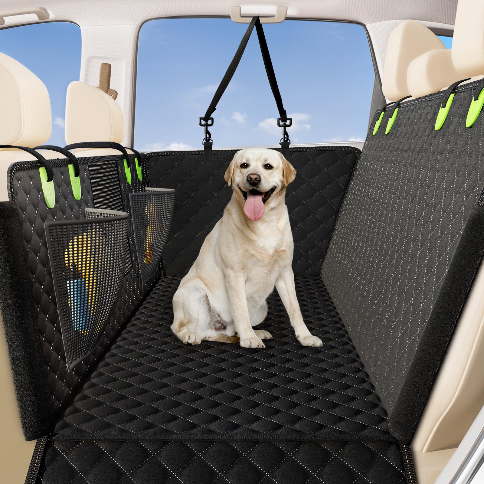 Zanch dog car seat cover main body protects back seat from fur and spills.