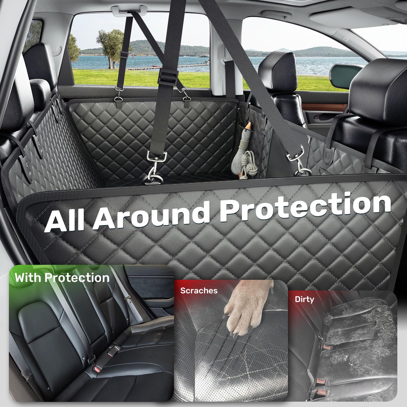 Zanch heavy-duty dog car seat cover anti-slip bottom with anchor straps for stability