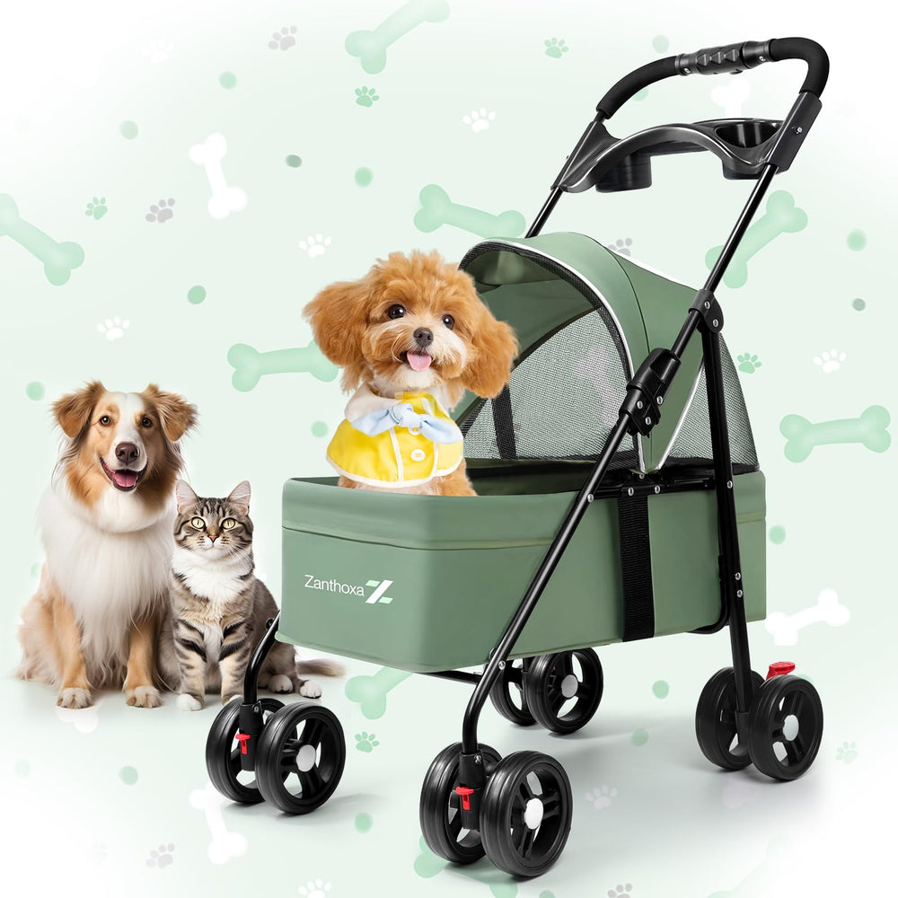 Zanthoxa pet stroller front view with four wheels for smooth city travel