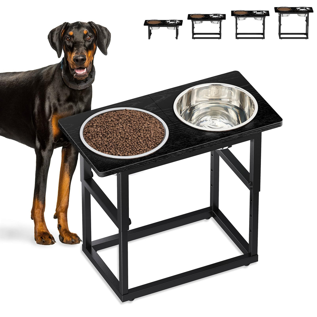 Zarler elevated dog bowls stand setup showing adjustable heights for XL and large breeds.